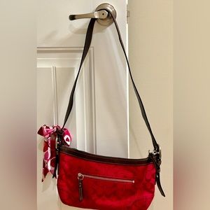 Coach Red Signature Adjustable Crossbody Purse And Coack Signature Skinny Scarf